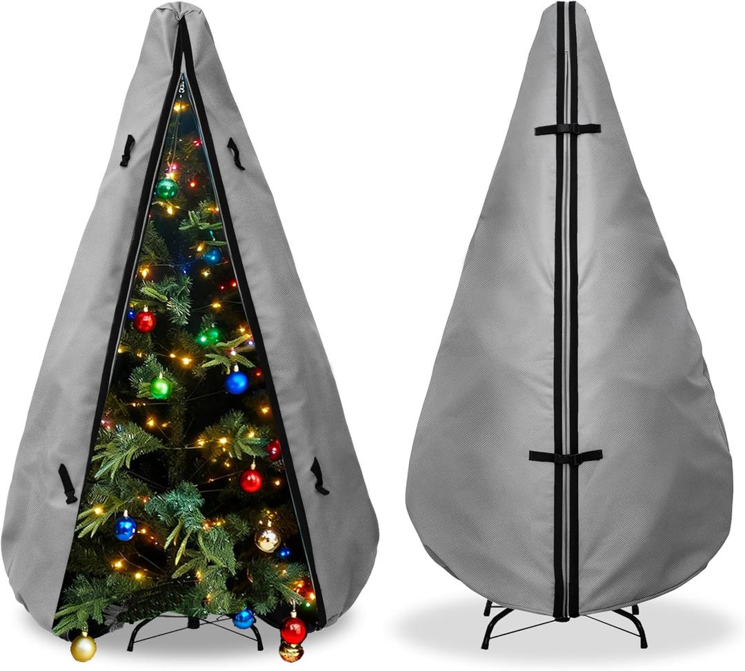 Upright Christmas Tree Storage Bag 9Ft,Christmas Tree Covers for Upright Storage for 8 Foot /9 Foot Artificial Christmas Trees with Ornaments,Equipped with Patented Support Rod Technology-Grey