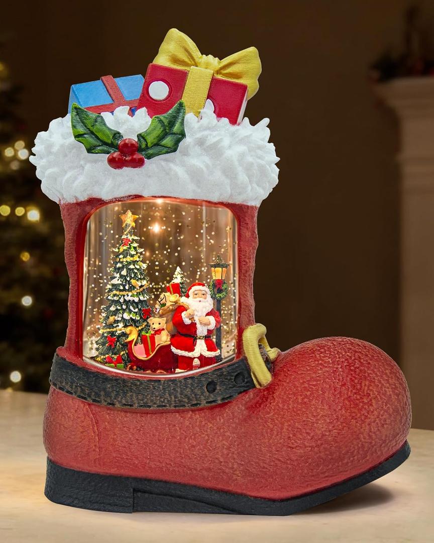 Large Christmas Snow Globes Light up Snowglobes Christmas Lantern with 8 Songs, 9.65" Red Boot Christmas Snow Globe for Kids Adults, 6H Timer & Dual Power, Lighted Christmas Decorations Indoor Gifts (Santa Claus Gifts Pile 97)