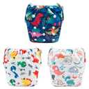 Babygoal Baby Swim Diapers 3 Pack for 0-8 Months Infant Girls and Boys, Reusable Adjustable Washable for Swimming Lessons-Dinosaurs (Small)