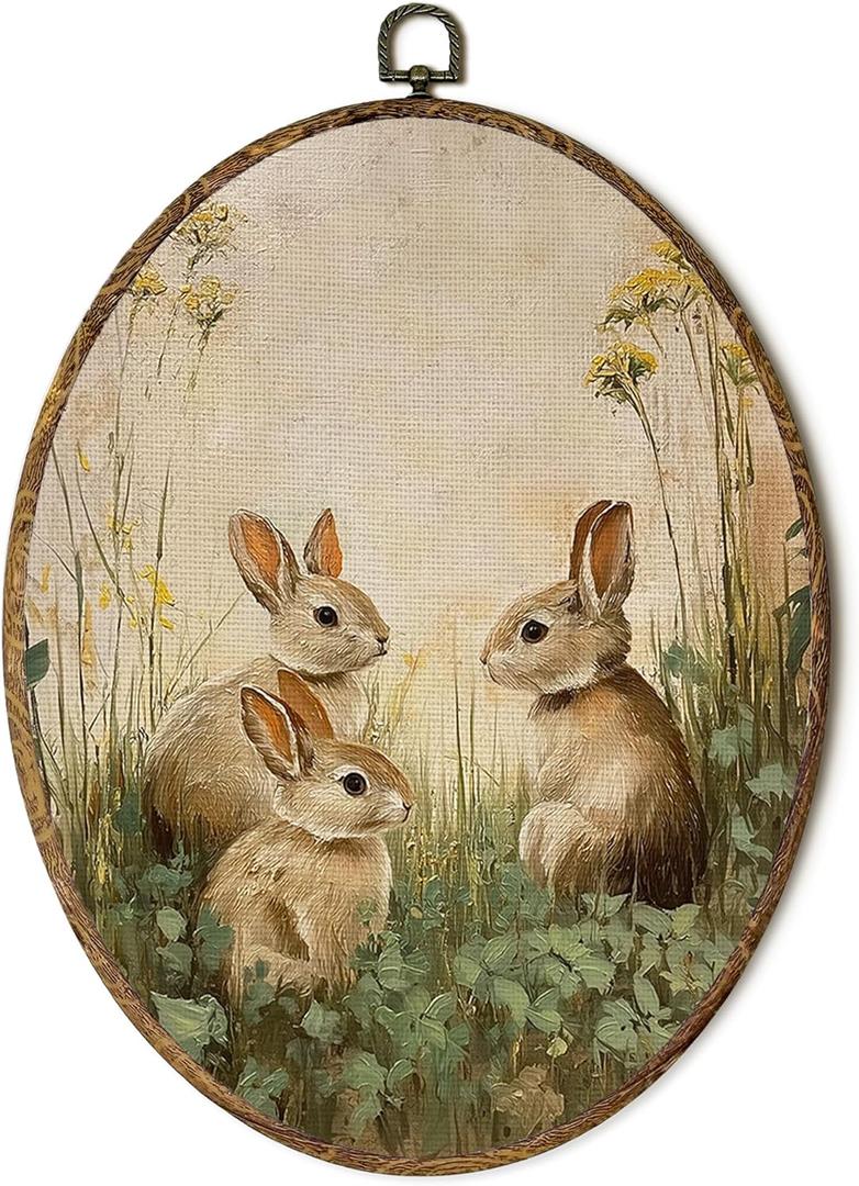 FSTCSV Vintage Easter Bunny Oval Wall Art Framed, Rustic Cottagecore Country Bunny Canvas Prints Wall Hanging Art, Spring Three Rabbits Nursery Oval Walls Decor for Home Bedroom Kids Room, 8.8x11.5in