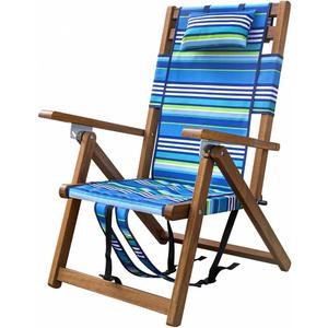 Melino Wooden Folding Outdoor Chair  3-Position Reclining Beach Sling w/ Pillow, Zipper Pouch, Carry Strap  Acacia Wood Frame for Patio, Lawn, Garden, Pool 225 lbs Support - Portable Lounge, Stripe