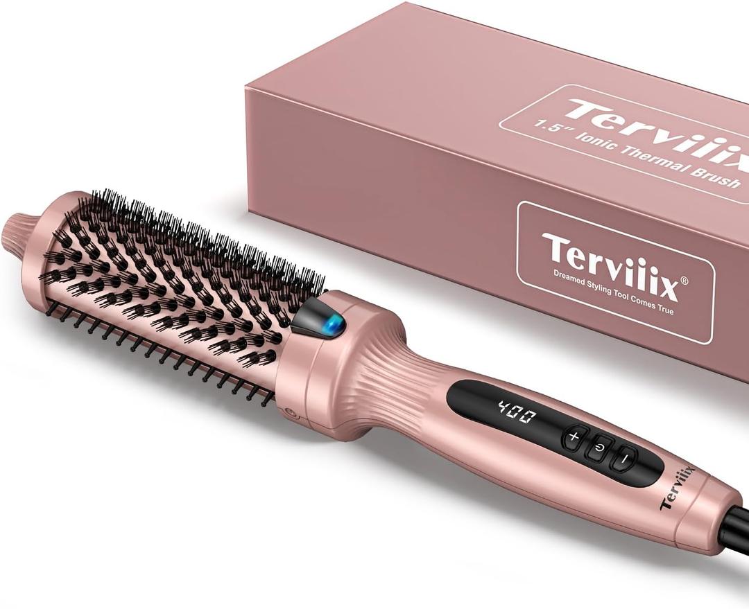 Terviiix Thermal Brush Get Voluminous Style, Quick Heating Hot Brush, Ceramic Tourmaline Ionic Heated Curling Iron, Digital Display 9 Temperatures Curling Wand, Dual Voltage, 1.5 Inch (Rose Gold)