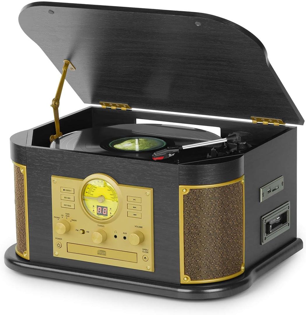 All-in-One Vinyl Record Player with Bluetooth, CD, Cassette Tape, AM/FM Radio, USB/SD Recorder, 3 Speed Vintage Turntable with Built-in Speakers, Aux-in, RCA Line-Out