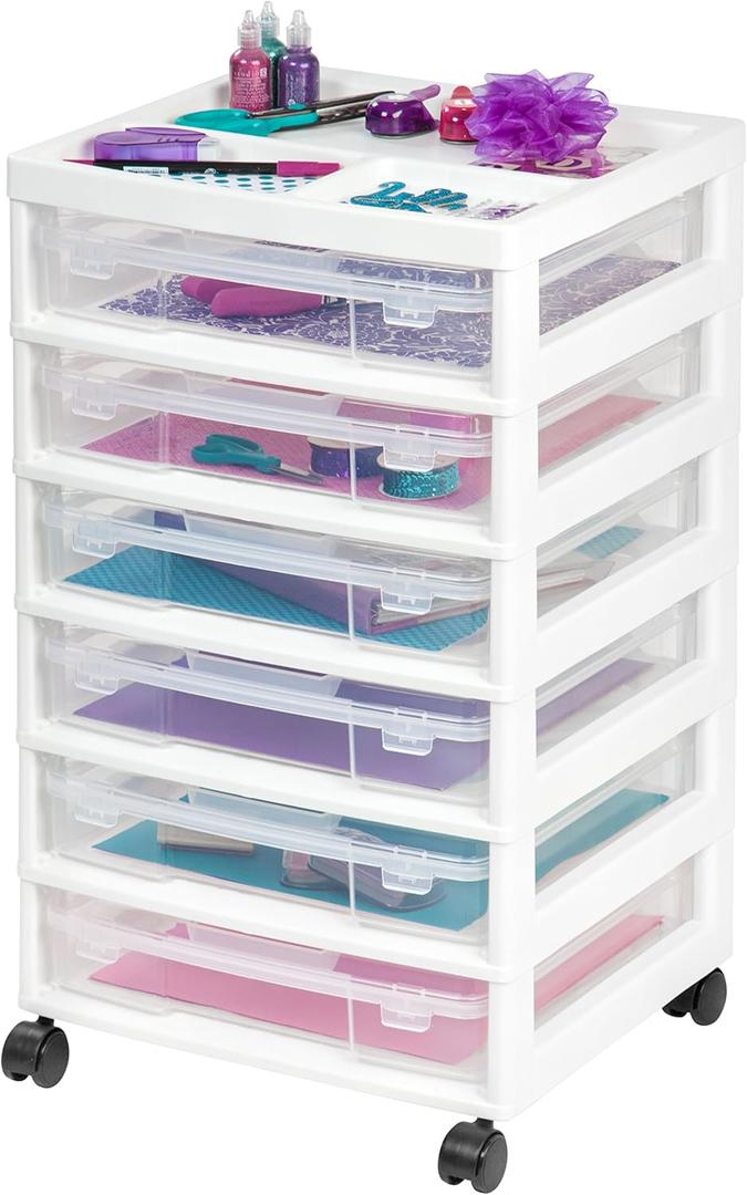 IRIS USA Fits 12" x 12" Paper, 6-Tier Scrapbook Rolling Storage Cart with Organizer for Stationery Vinyl Tools Office Art and Craft Supplies, Yarn, 6 Clear Cases w/ Built in Handle - White/Clear