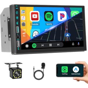 7 Inch Double Din Car Stereo with Wireless CarPlay Android Auto, HD Touchscreen with Online Video FM Radio Bluetooth EQ SWC USB/AUX Port Backup Camera MIC