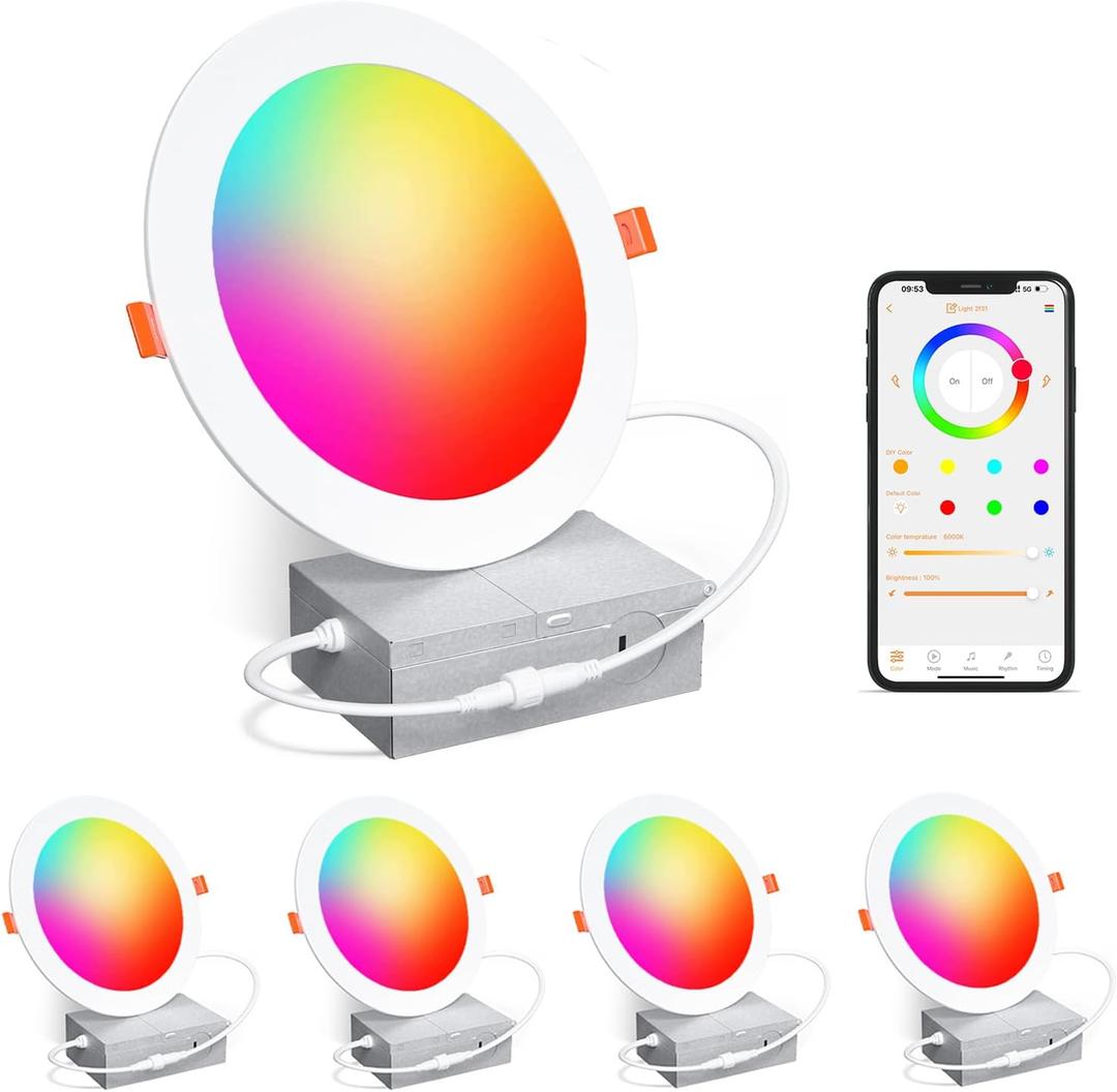 Smart Recessed Lighting 6 Inch RGBCW Color Changing 16W LED Downlights with Junction Box,1350 Lumen Canless Wafer Recessed Ceiling Lights Work with Alexa,Music Sync,DIY Scenes,Timer,23 Modes,4 Pack