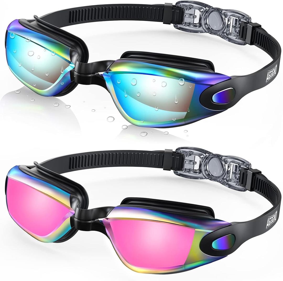 Aegend Swim Goggles 2-Pack, No Leaking Anti-Fog UV Protection Mirrored Swim Glasses for Adult Men Women, Wide View Outdoor (Aqua & Bright Rose)