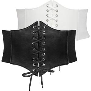 JASGOOD 2 Pack Womens Elastic Costume Waist Belt Lace-up Tied Waspie Corset Belts for Women Corset Belt (Fit Waist Size 27"-30", Black+white)