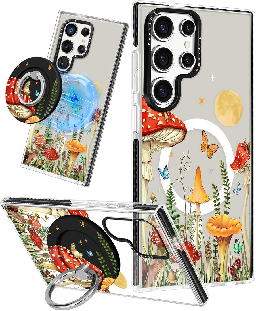 for Samsung Galaxy S24 Ultra Case for Women - Girls Cute Design Compatible with Magsafe Magnetic Ring Holder Stand Mushrooms Butterflies Phone Covers Aesthetic Girly TPU Funda for S24 Ultra