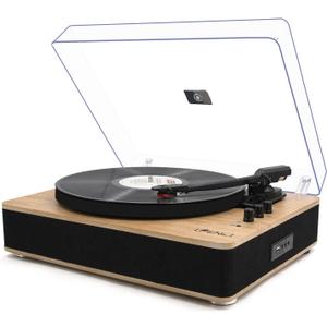 Vinyl Record Player 3-Speed Belt-Drive Turntable with Stereo Speakers and USB Play&Recording (Light Wood)