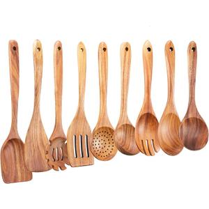 Wooden Kitchen Utensils Set,GUDAMAYE 9 PCE Natural Teak Wooden Spoons For Non-stick Pan for Cooking,