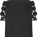 Womens Bow Tie Neck Lace Floral Mesh Tops Tuck in Blouse Short Sleeve Casual Dressy Work Business Office Shirts (M)