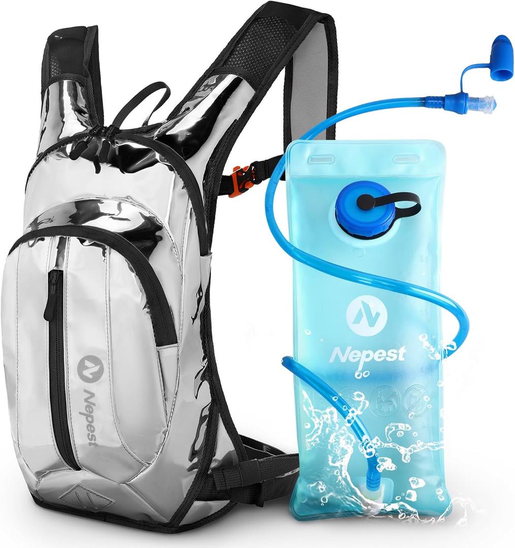 Nepest Hydration Pack Backpack for Women & Men, Lightweight Water Backpack with 2L Water Bladder for Hiking Cycling Running Biking (Holographic - Silvery)