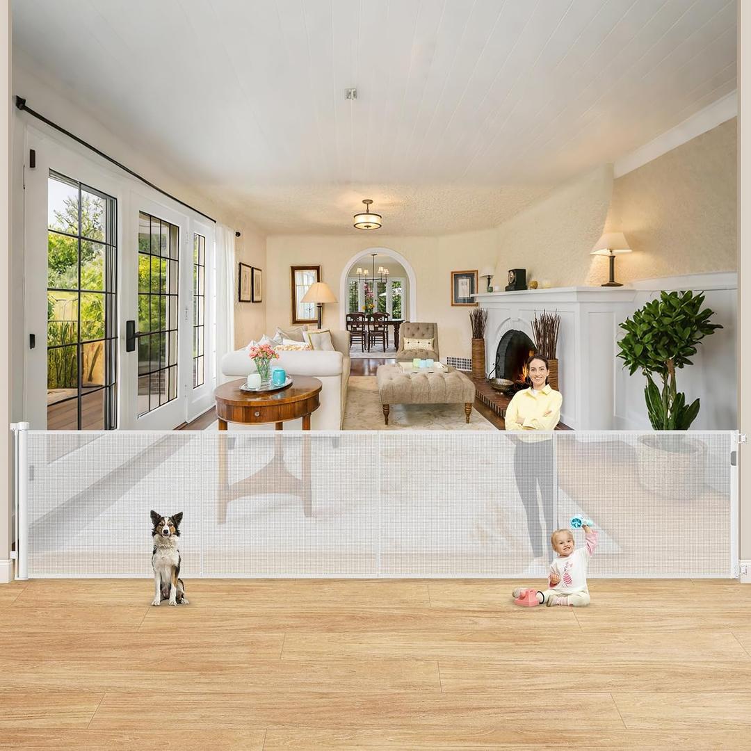 Reinforced 42" Extra Tall Retractable Baby Gates for Doorway, 200" Retractable Dog Gate With Support Rod, 16ft Extra Long Baby Gate for Large Opening, Bottom Anti-Crawl Indoor/Outdoor Mesh Child Gates