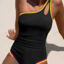 Popvil One Shoulder One Piece Swimsuit for Women Neon Color Block Bathing Suits Modest Full Coverage Swimwear (Black, XL)