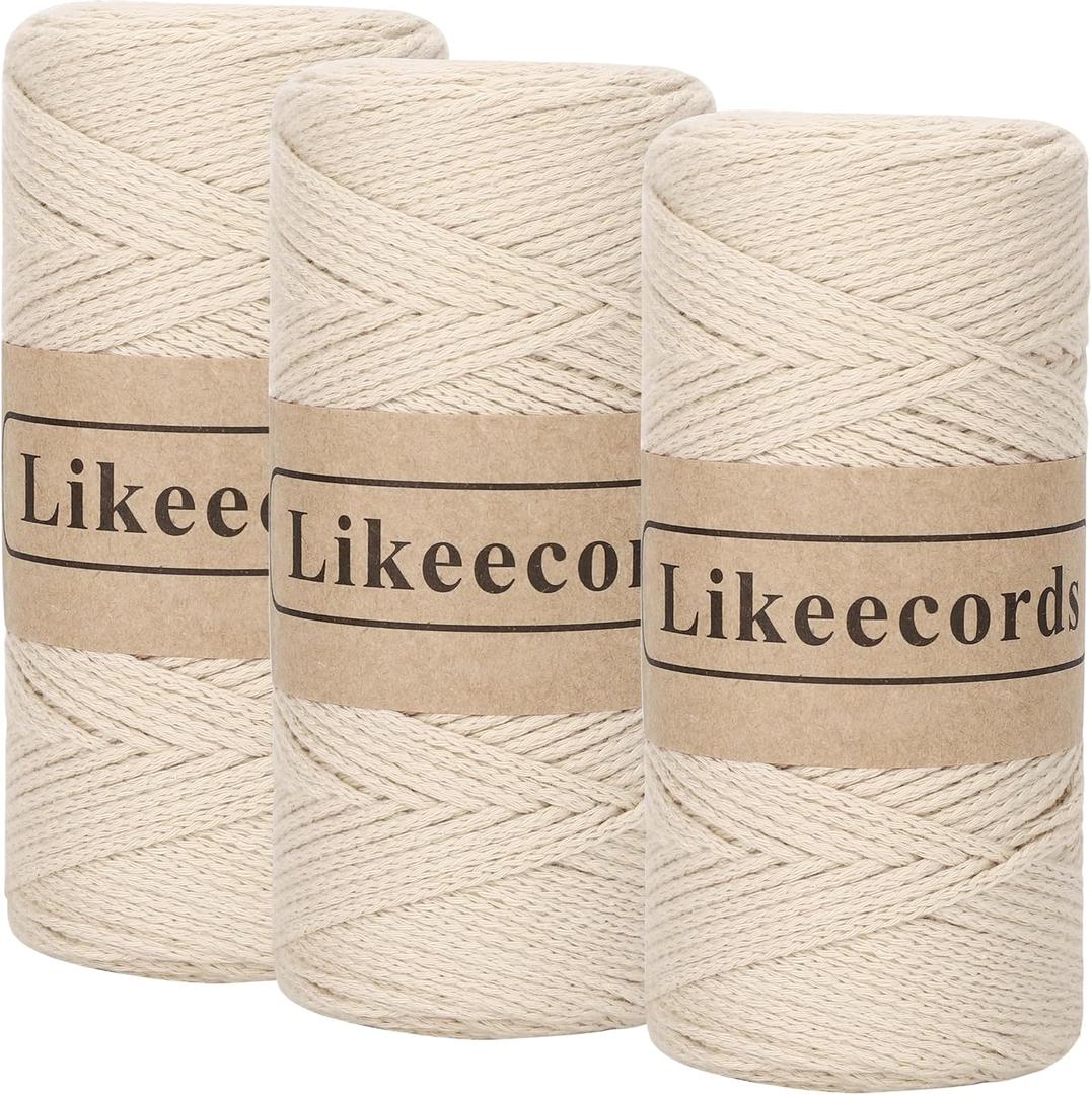 100% Cotton Crochet Yarn for Bag,3 Rolls/Pack 2mm x 510m,Macrame Cord, Chunky Yarn for Crocheting Handbag, Purse, Blankets Crafts Projects (Apricot)