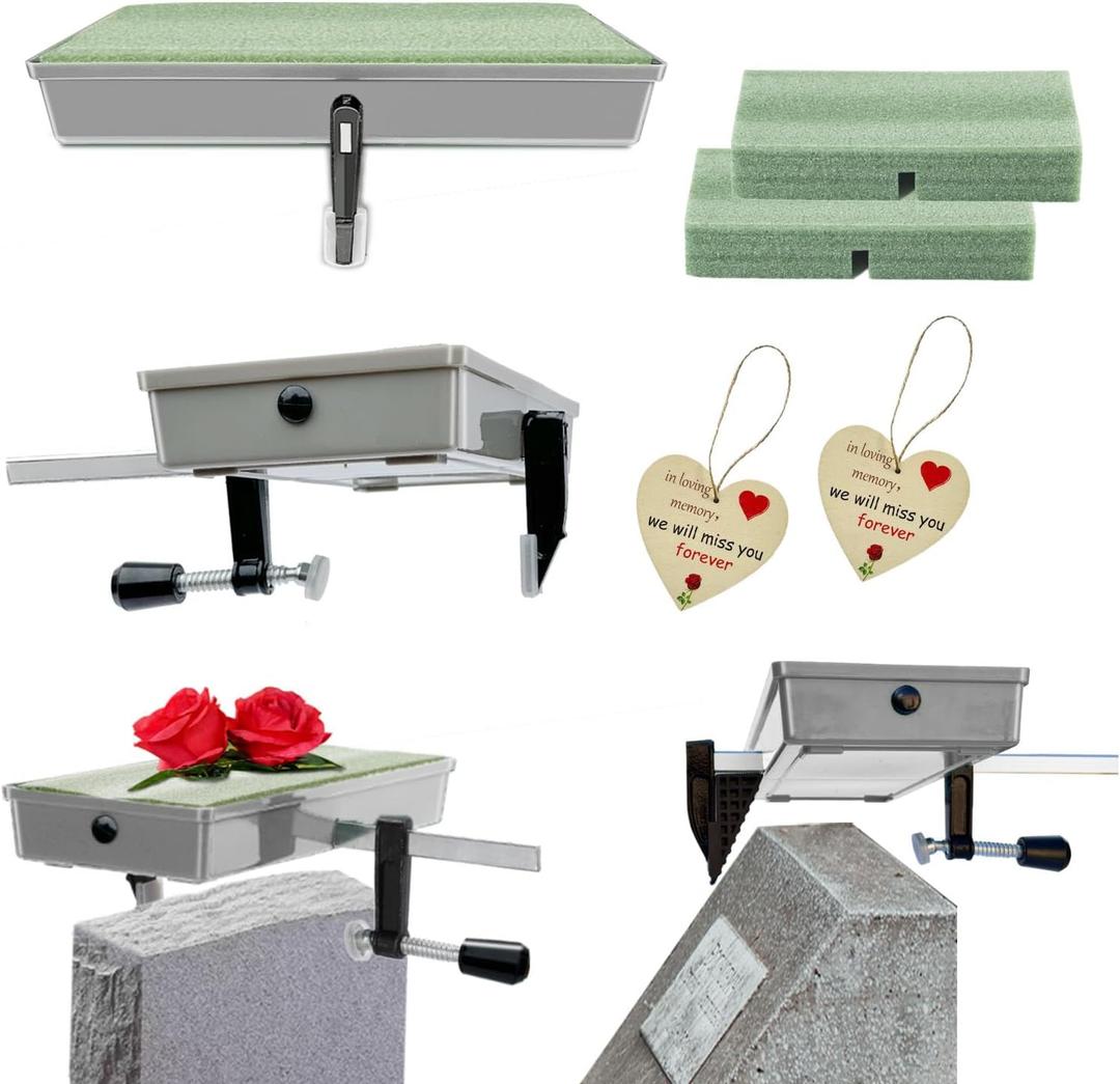 Never Blown Away - 2 Pack Grave Saddle Holder, Reusable Tombstone Flower Frame for 3 to 8 Inches Wide Headstones, Cemetery Decor Saddles to Honor Loved Ones, Gray (Patented)