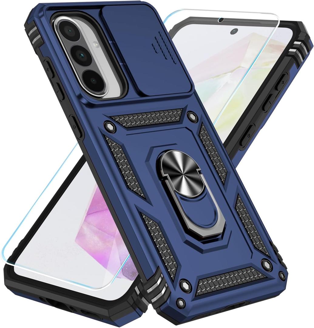 SunStory Case for Samsung Galaxy A36/A56 5G Case with HD Screen Protector & Slide Camera Cover & Rotated Ring Kickstand, [Heavy Duty Shockproof] Dual Layers Phone Case for Galaxy A36/A56, Blue