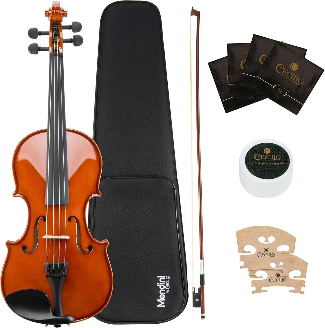Mendini by Cecilio 14 Inch Solid Wood Viola Set for Beginners - Hand Carved Acoustic Viola Kit with Hard Case, Bow, Rosin, Bridge and Extra Strings (brown)