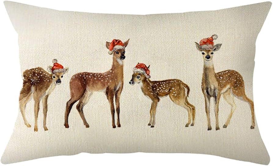 Ogiselestyle Watercolor Christmas Reindeer Throw Pillow Covers, 12 x 20 Inch Christmas Hat Winter Holiday Cushion Case for Sofa Couch