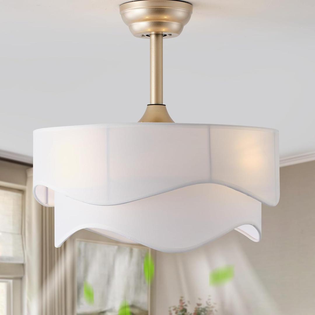 20" Boho Fandelier Ceiling Fans with Lights, Gold Fandelier Ceiling Fans with Light Remote Control, Fabric 6 Speeds Reversible for Bedroom, Living Room, Nursery, Kitchen (White), Small