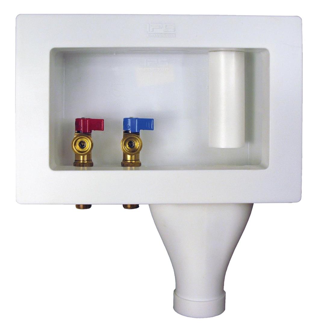 Water-Tite 87355 Right-Hand Drain Wide-Mouth Washing Machine Outlet Box - Quarter-Turn Brass Valves, 1/2-Inch CPVC Connection, White Plastic