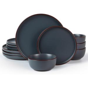 Famiware Mercury Plates and Bowls Sets, 12 Pieces Stoneware Dinnerware Sets, Dishes Set for 4, Microwave and Dishwasher Safe, Charcoal
