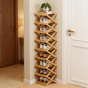9 Tier Bamboo Shoe Rack, Foldable 9 Tier Bamboo Corner Shoe Rack, Space-Saving Organizer for Shoes, No Assembly Narrow Shoe Shelf for Entryway Closet Dorm (Wood Color)