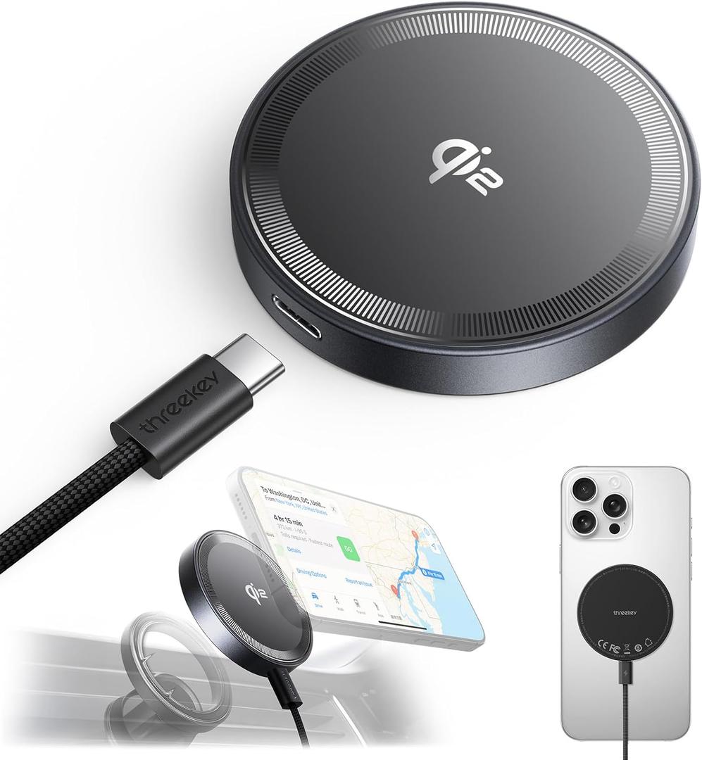 THREEKEY Qi2 MagSafe Charger, Magnetic Charger for iPhone 16/15/14/13/12 Series & Galaxy S25 Ultra, Qi2 Wireless Charger Dual-Sided Magnets, 15W Fast Charging Pad with 5FT USB-C Cable (Black)