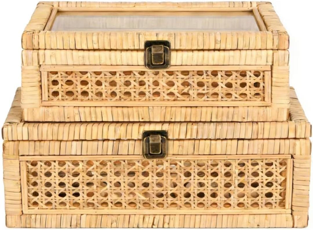 Extra Large Rattan Decorative Box With Lid, Glass Display, Wooden Frame Large size and Rectangular, Set of 2 Woven Decorative Boxes
