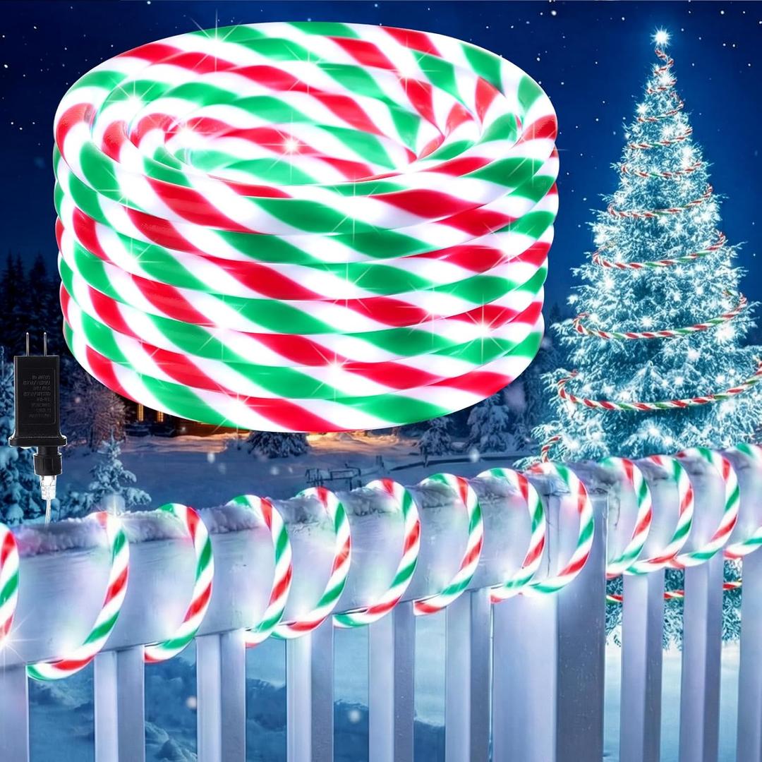 Glooglitter Thick Christmas Candy Cane Rope Light 0.4" Diameter, 33 ft 200 LED Candy Lights 8 Modes Waterproof Multicolor Lights for Garden Xmas Tree, Indoor Outdoor Christmas Decoration (White)