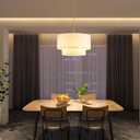 Plug in Pendant Light, 2-Tier Drum Linen Pendant Light with 15ft Hemp Rope Cord, E26 On/Off Switch, 18" Plug in Hanging Chandelier for Dining Room Kitchen, Includes Bulbs