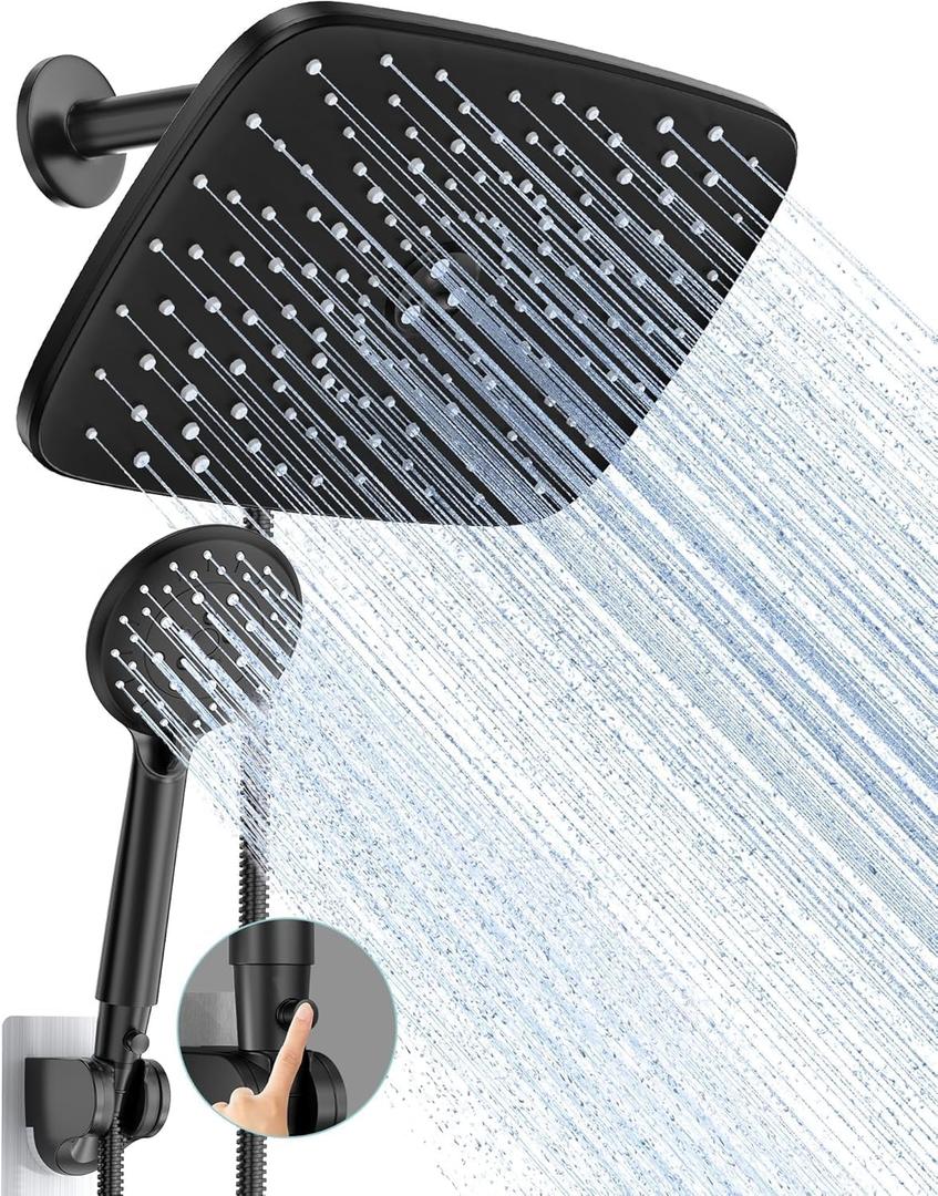 Veken 11.8 Inch Rain Shower Head with Handheld- High Pressure Dual Shower Heads with 5 Modes Handheld Spray Combo- Wide Rainfall Showerhead with Hose, Bathroom Accessories, Matte Black  