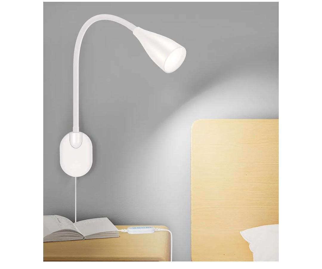 Wall-Mounted LED Bedside Reading Light with USB Charging Port, 10-Level Dimmable & Adjustable 5 Color, Plug-in Adhesive Night Lamp for Books in Bed, Eye-Caring Bedroom Lighting (White)