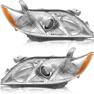 AS 2007 2008 2009 Toyota Camry Headlight Assembly Headlamps for 07 08 09 Camry Exclude Hybrid Projector Left and Right Pair - Chrome Housing Clear Lens
