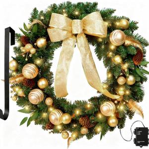 24 Inch Christmas Wreath for Front Door with Lights, Battery Operated Gold Pre-lit Xmas Wreath with Golden Ball Pine Cones Ornaments for Christmas Winter Window Outdoor Decor