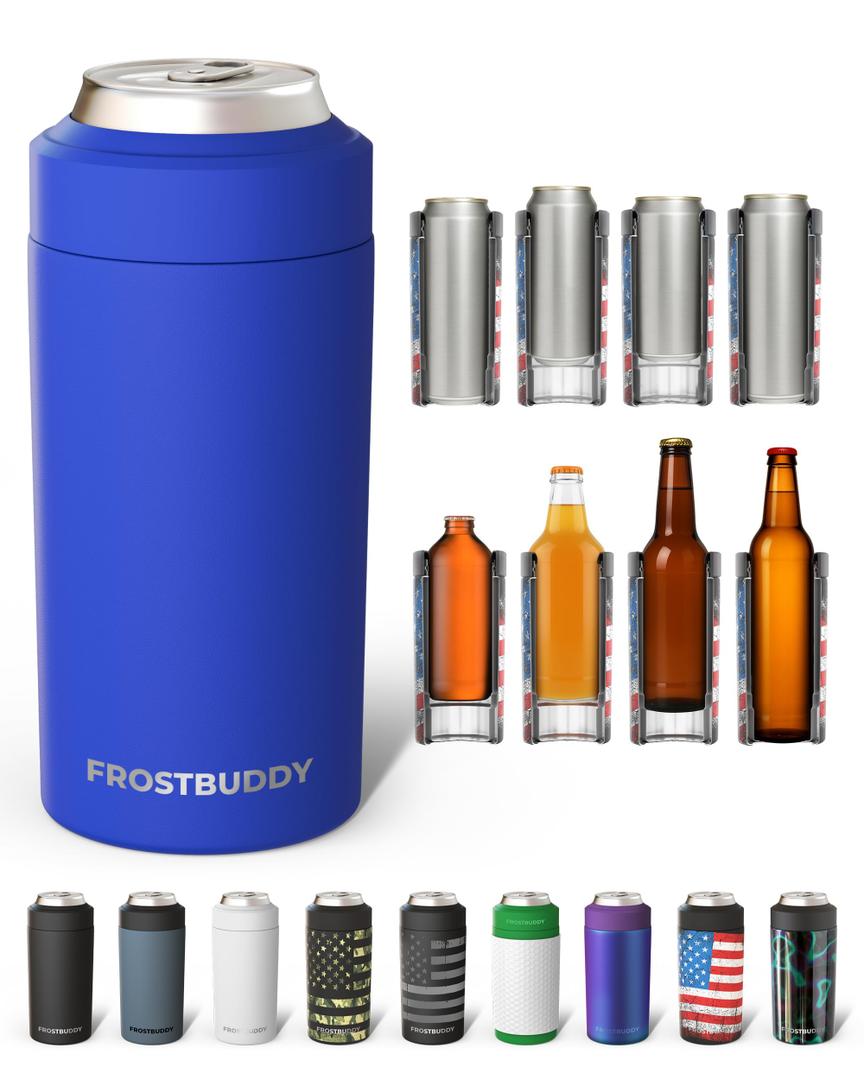 Frost Buddy Universal Can Cooler - Fits All - For Regular 12 & 16 oz or Slim-Size Bottles - Insulated Double-Walled Stainless Steel (Royal)