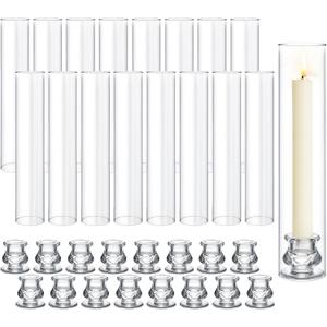 16 Set Clear Glass Hurricane Candle Holders, 12.5" Open Ended Bottomless Windproof Cylinder & 2.1" Taper Candlestick Holders for Wedding Party Home Hotel Decor