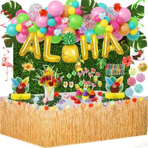 Hawaiian Aloha Luau Party Decorations, 153Pcs Tropical Summer Beach Birthday Supplies Grass Table Skirt Hanging Swirl Aloha Balloon Garland Honeycomb Centerpiece Hibiscus Palm Leaves Straws CakeTopper (Pink)