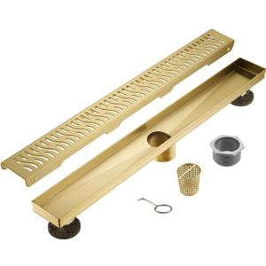 Sharp-tec Linear Shower Drain, 28inch Shower Drain with Removable Pattern Cover, Brushed Gold 304 Stainless Steel Rectangle Floor Drain, Adjustable Feet and Hair Strainer Included