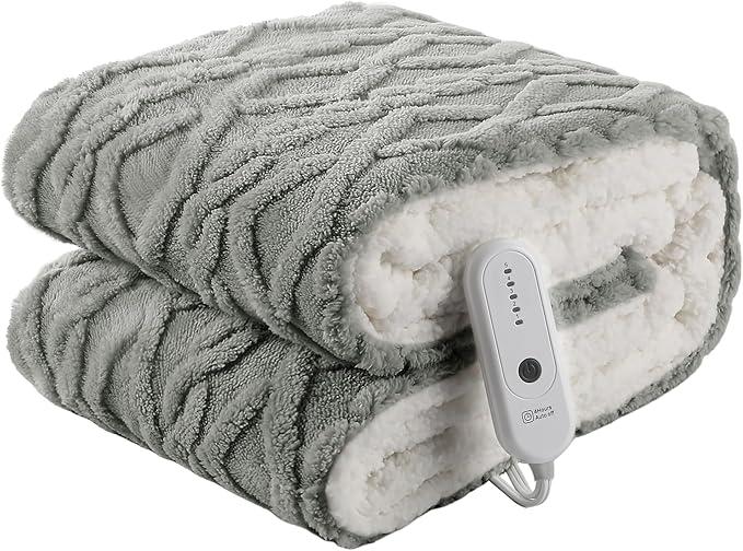 Heated Blanket Electric Throw 50''X60''Fluffy Ultra Soft Electric Blanket with 3D Stylish Design, 240g Plus 200g Sherpa, 5 Heating Levels and 4 Hours Auto Off, Machine Washable, Gray