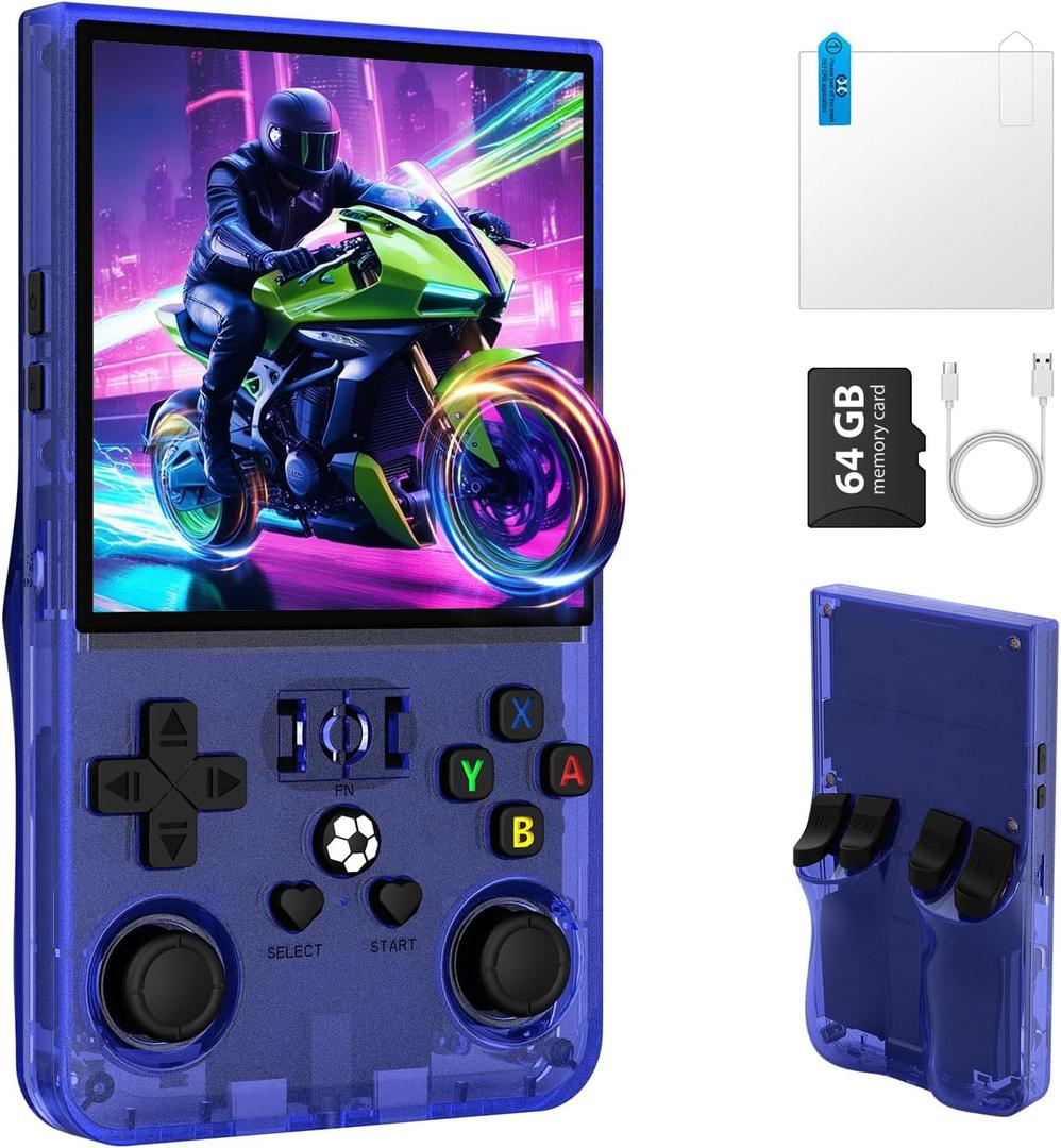 R36MAX Retro Handheld Game Console, Portable Retro Gaming Console 4.0'' IPS HD Screen and Linux System, Support 30+ Emulator and 64GB TF Card Video Game Consoles, 4000mAh Battery (Blue 64GB)