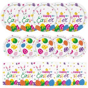 150 Pcs Happy Easter Plates and Napkins - Easte Egg Paper Dinnerware Set, Cute Eastes Rabbit Dinner Dessert Plates Luncheon Napkins Tableware for Easter Activity Party Supplies Table Decor, Serves 50