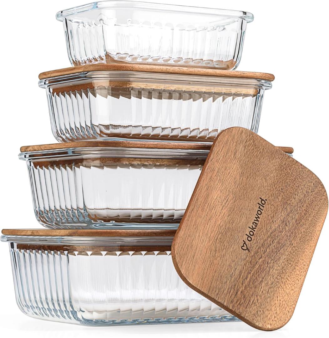 Set of 4 Stackable Space-Saving Nesting Glass Bowls with Airtight Acacia Lids for Lunch, Meal & Food Prep - Microwave & Oven-ready BPA Free Durable Heat Resistant Inert Borosilicate Glass (Brown 5( Acacia Ribbed 4))