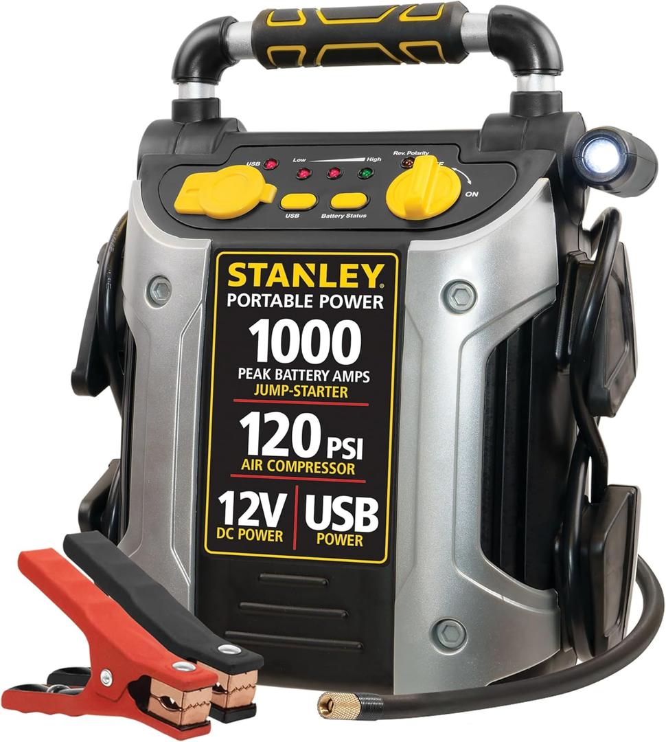 STANLEY J5C09 1000 Peak Amp Automotive Jump Starter, Portable Power 2.1A/10W USB Port, 12V Outlet, 120 PSI Air Compressor for Tires, Bikes & Sports Equipment
