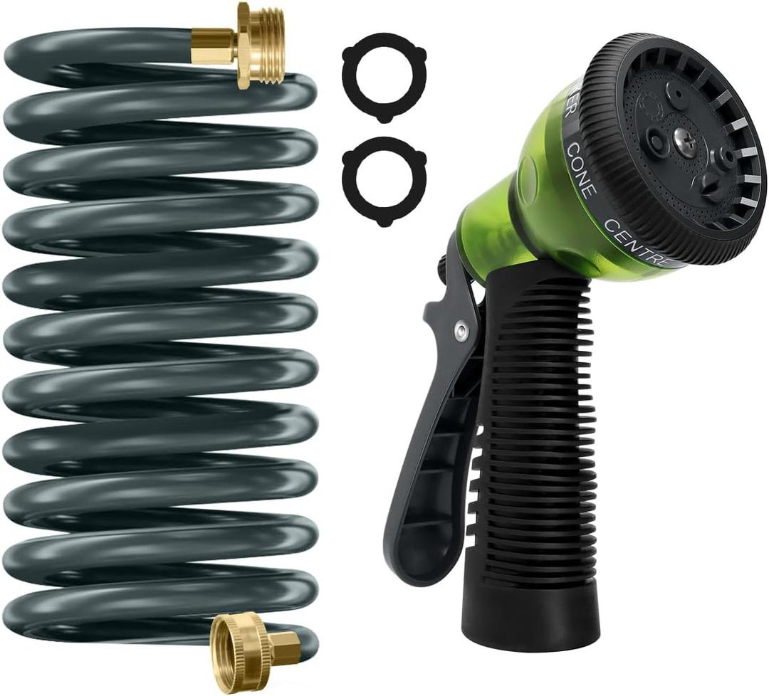 Coil Hose 10FT EVA Coil Garden Hose With 3/4'' Brass Connector Coiled Water Hose Lightweight And No Kink Includes 7 Patterns Spray Nozzle For Outdoors Lawn Watering Car Washing (Gray)