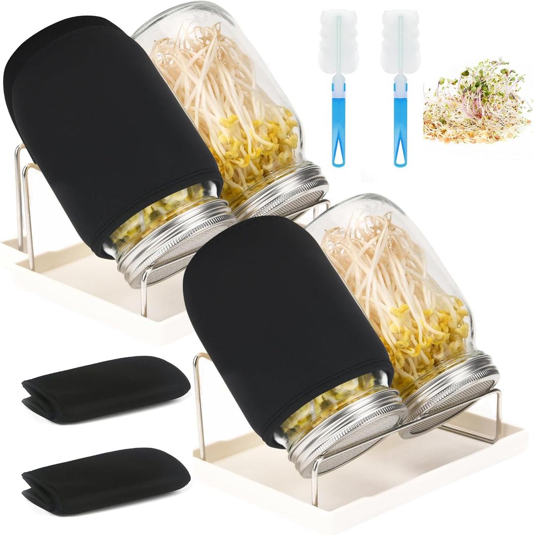 Lulonpon Sprouting Kit, 4 Sprouting Jar Kits, Wide Mouth Quart Mason Jars with Stainless Steel Screen Sprout Lids,1000ml Sprouts Growing Kit, Seed Sprouter Set for Growing Broccoli, Bean, Alfalfa