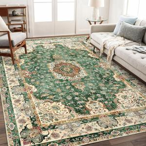 5'x7' Area Rugs Washable,Green Rug for Living Room Bedroom,Large Boho Vintage Bohemian Distressed Oriental Carpet Non Slip,Retro Sage Floral