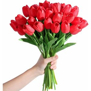 SITUMEIZI 15pcs Red Fake Tulips Artificial Flowers Real Touch Red 14" Silk Flower for Home Kitchen Decor Spring Easter Wedding Bouquet Decorations Office Valentine's Day Gifts