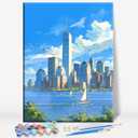 Aeontinity World Trade Center WTC New York State Framed Canvas DIY Paint by Numbers Kit Bar Cafe Cave Home Room Wall Bathroom Porch Patio Decor Gift, 16 x 12 Inch